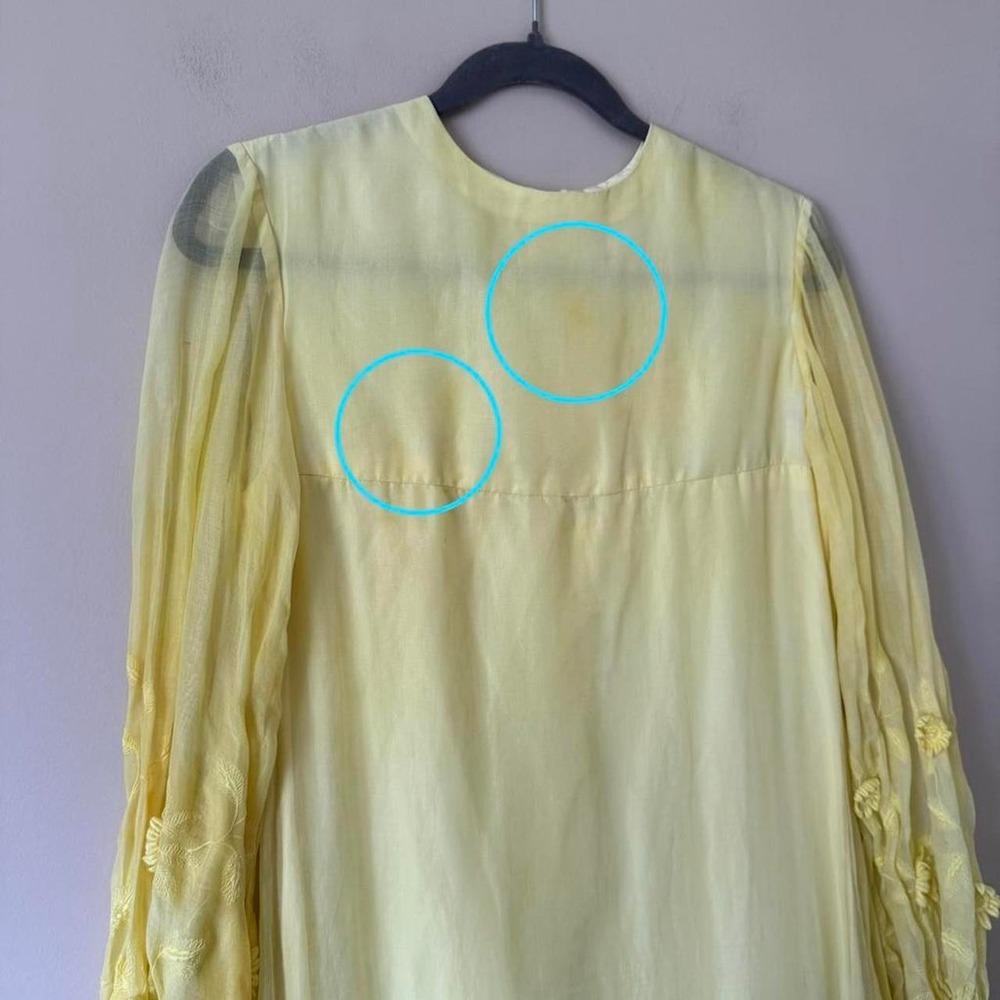 Vintage 60s / 70s Lemon Yellow Sheer Long Sleeve Maxi Dress 3D flower applique - Picture 5 of 8